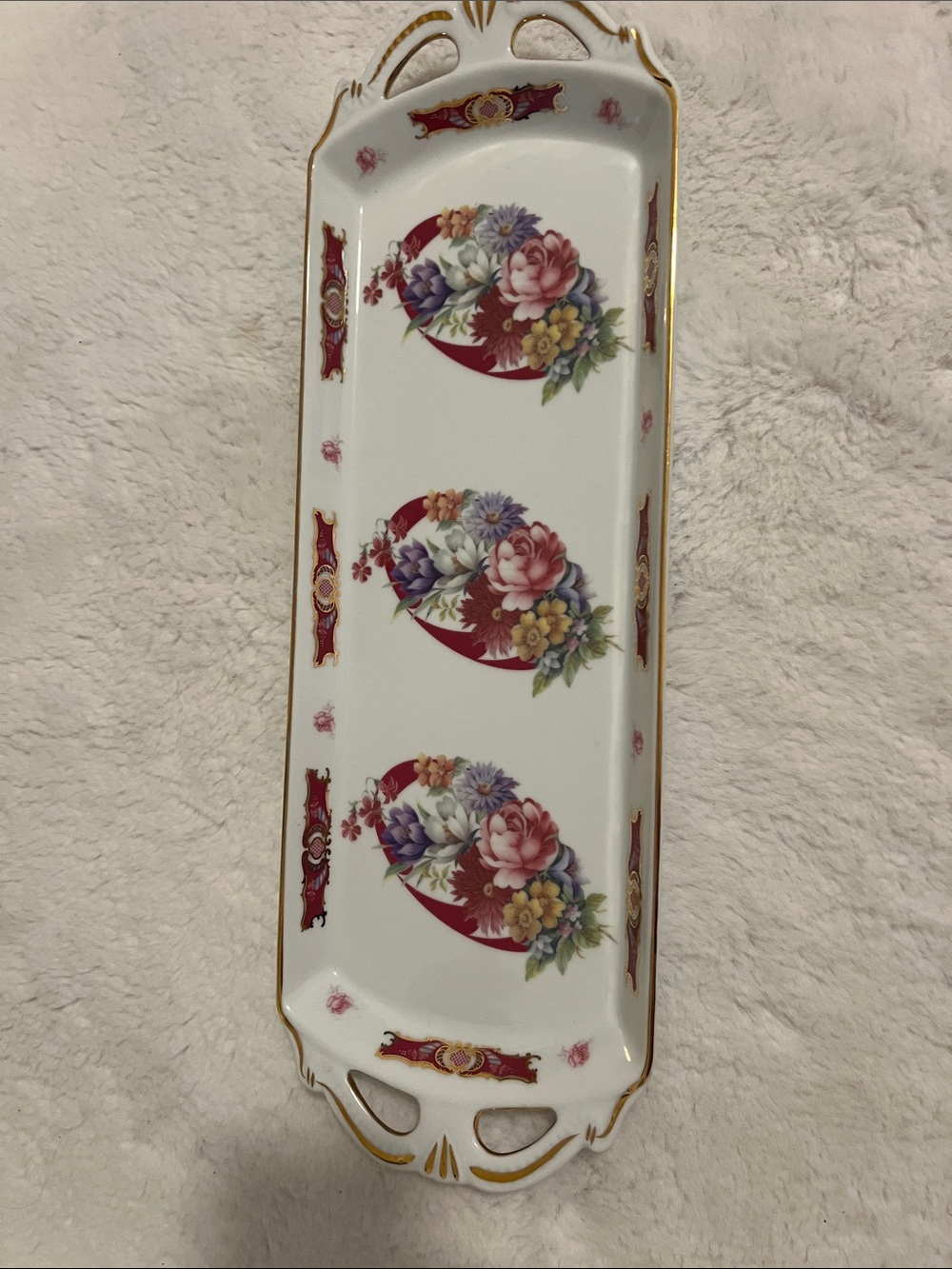 Vintage Porce Oeste T. Limoges Porcelain Floral Serving Tray Platter Gold Gilt